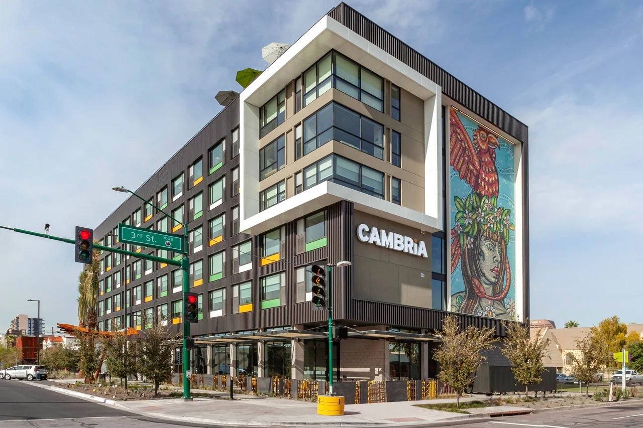 Completed Cambria hotel with a mural on its exterior in Phoenix