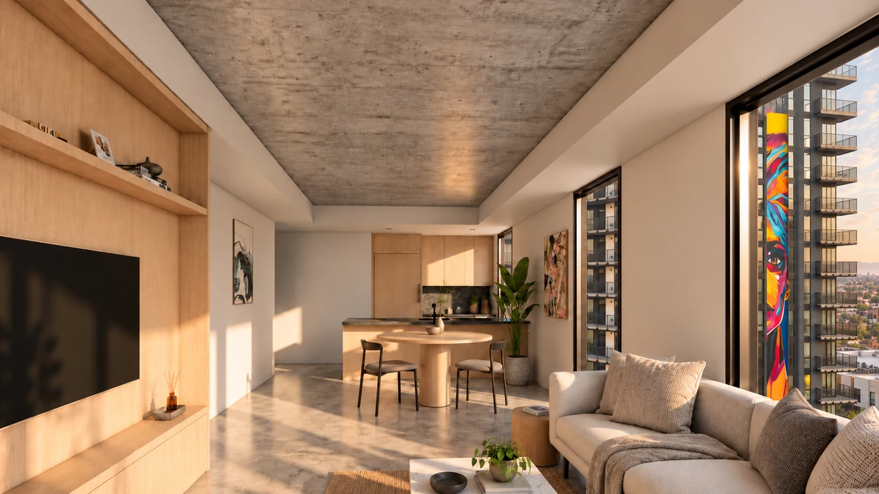 SISU Level 9 one-bedroom great room with exposed concrete ceiling, warm wood and the Saiya mural beyond the windows