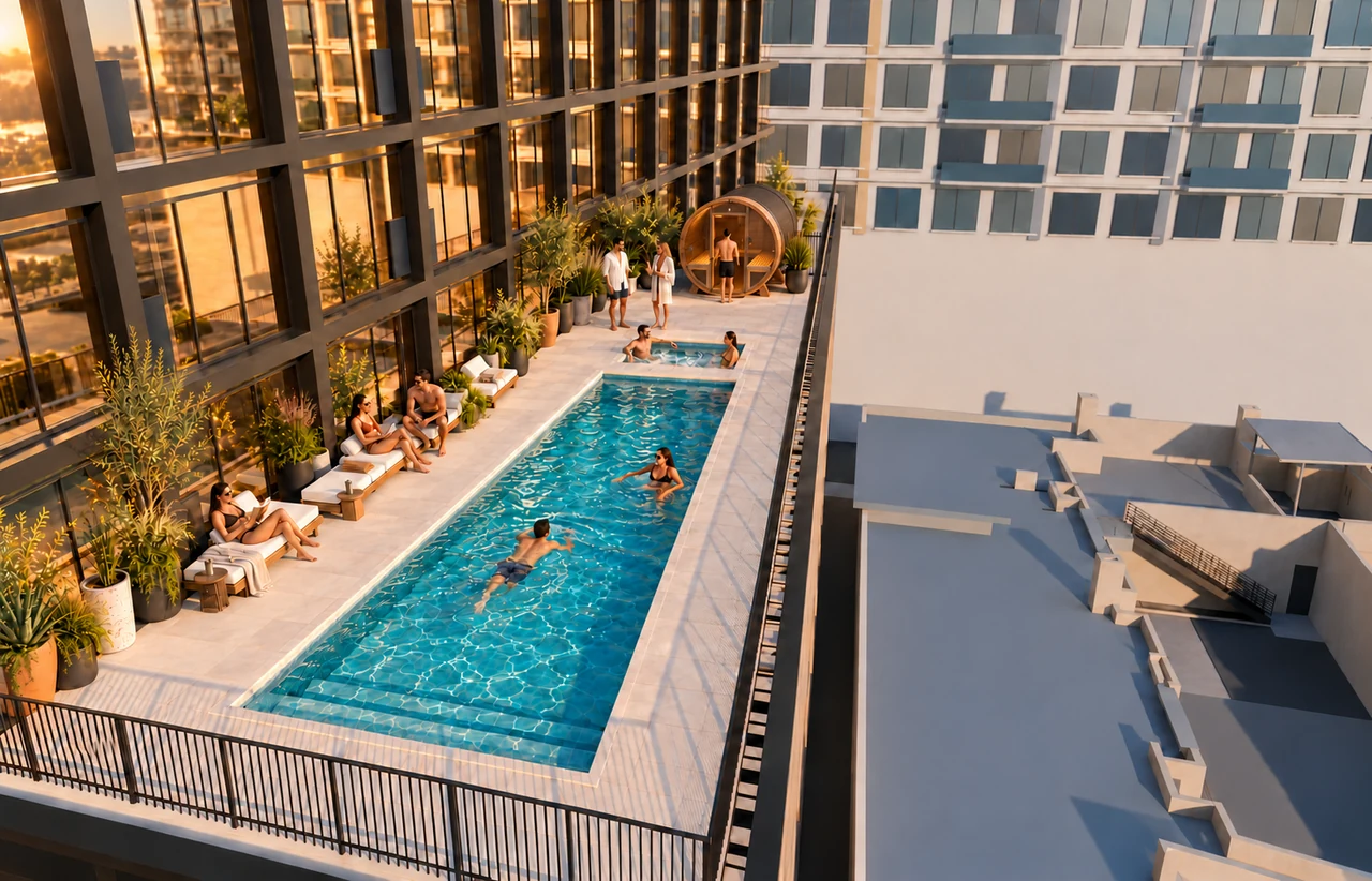 Supporting east-facing view of SISU’s pool, spa and barrel sauna