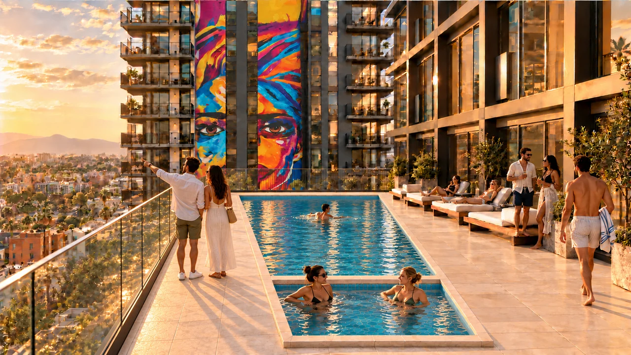 Approved west-facing SISU pool terrace with glass railing, residents gathering and the Saiya mural